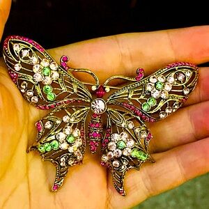 Vintage Estate Butterfly Brooch Pink Purple Rhinestone Figural Pin Shabby Chic